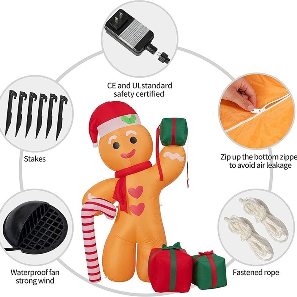 NEW  8FT Inflatable Gingerbread Man with Candy Cane and Three Gift Boxes - Picture 4 of 9